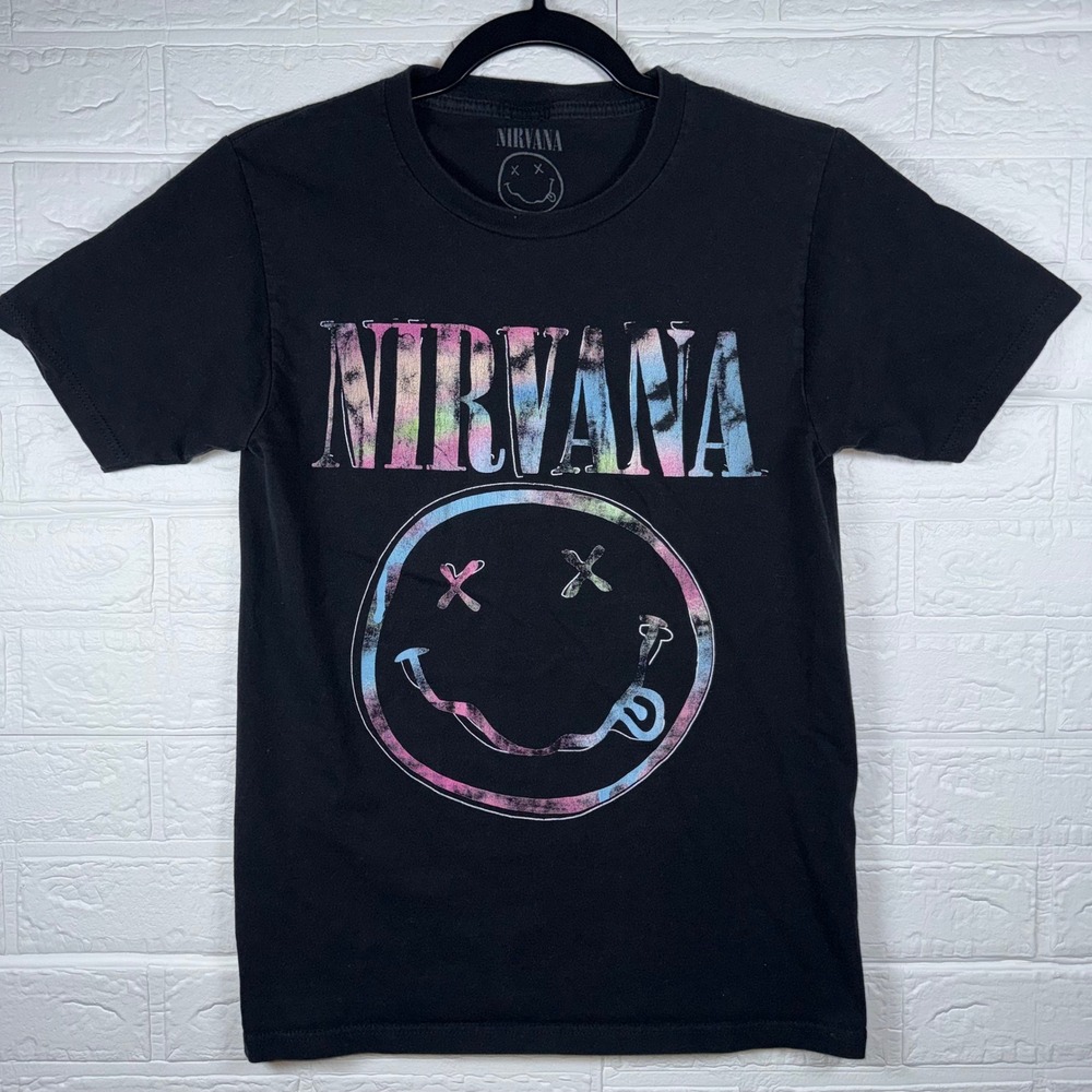 Nirvana Graphic T-Shirt Women S Black Tie Dye Smiley Face Grunge Band Tee